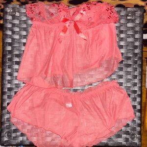 Sheer Coral Sequin Floral Print Lingerie Set- Babydoll Top and Shorts - Sz: XL
